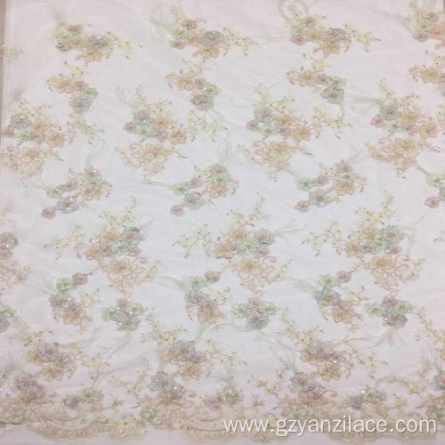 Beige handwork Beaded Embroidery Flower Fabric